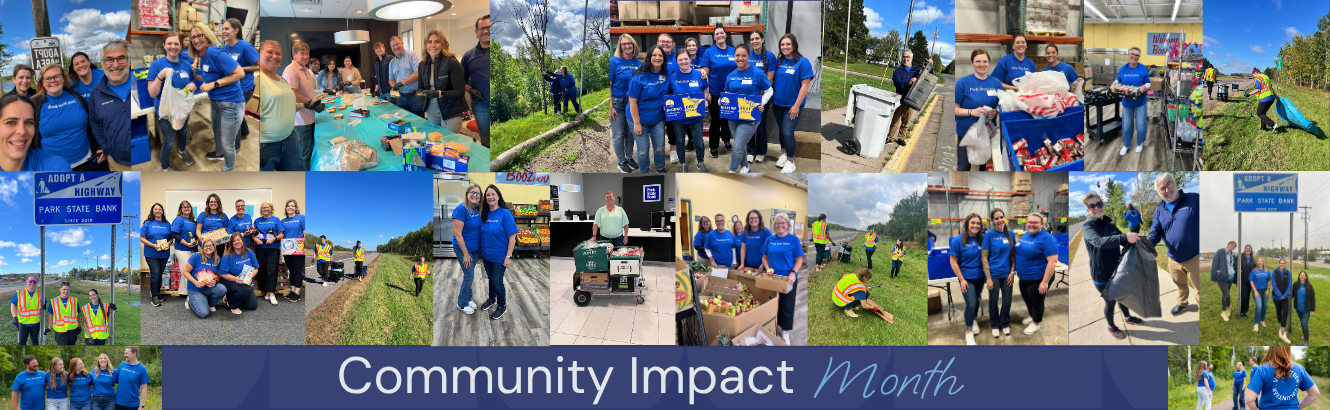 Collage of Park State Bank employees volunteering.
