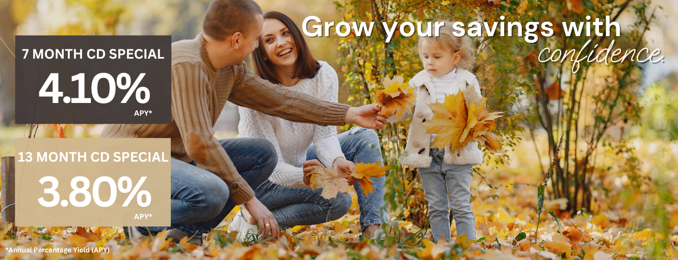 Family playing in fall leaves. Caption says, Grow your savings with confidence.