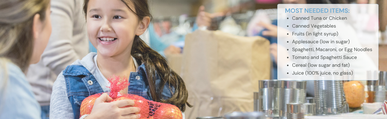 A child holding food and a list of non-perishable food items needed